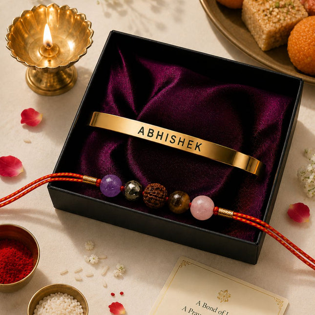 Natural Stone Rakhi & Personalised Bracelet Gift Set