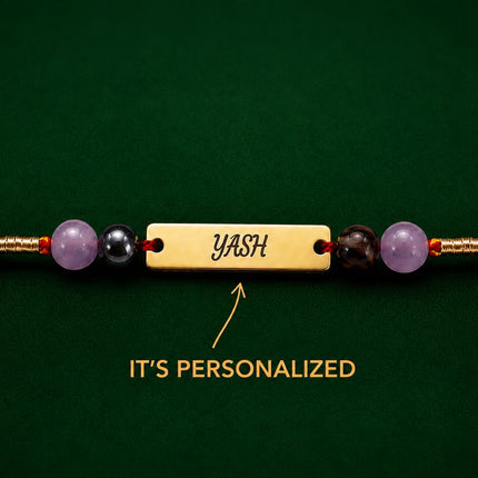 Personalised Name Rakhi – Pyrite & Amethyst