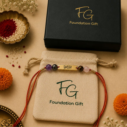 Personalised Spiritual Name Rakhi with 4 Natural Stones - Foundation Gift