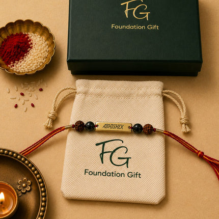 Personalised Spiritual Name Rakhi with Pyrite & Rudrakash - Foundation Gift